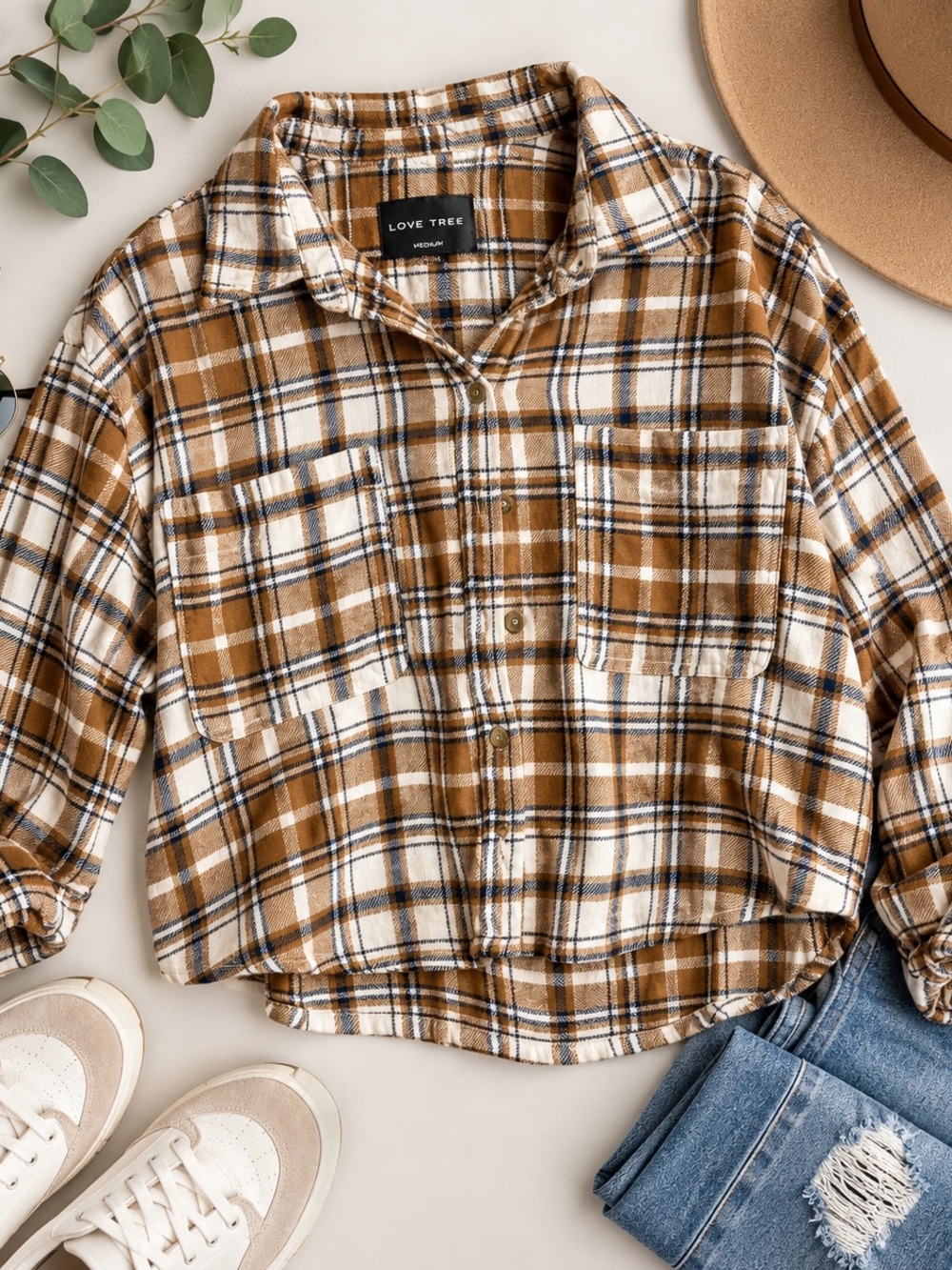 Love Tree Cropped Plaid Flannel Shirt – Medium
